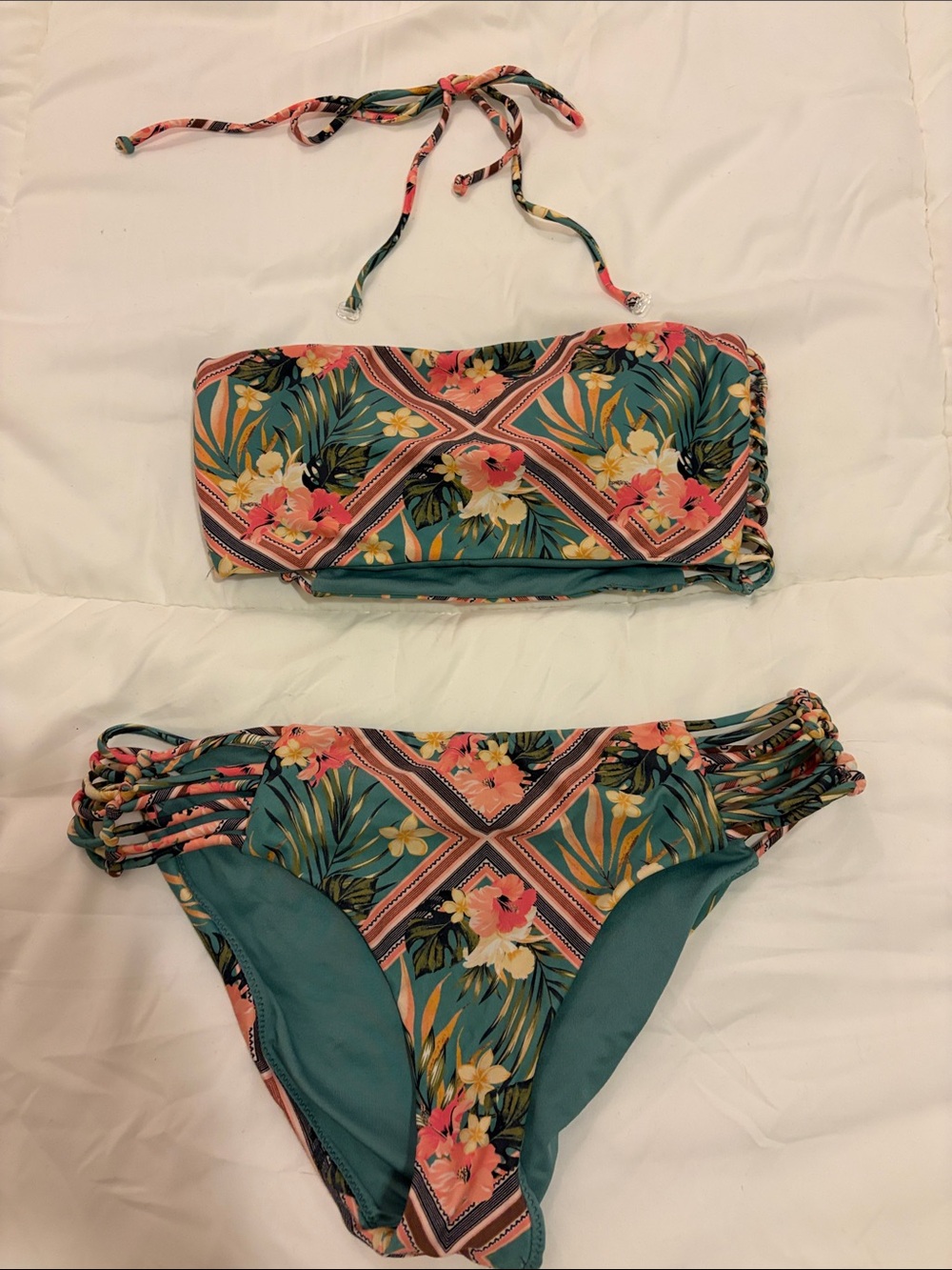 O'Neill Teal Floral Bandeau Bikini with Coral and Yellow Accents